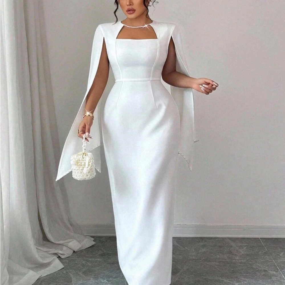 White Long-Sleeve Cape Sheath Dress